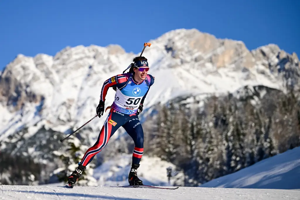 Skiskytter mot fjell og blå himmel