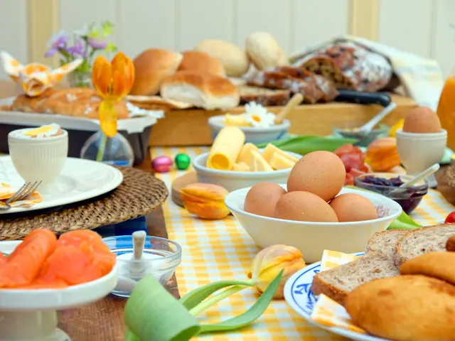 Illustrasjonsbilde av påskefrokost med egg, brød, blomster
