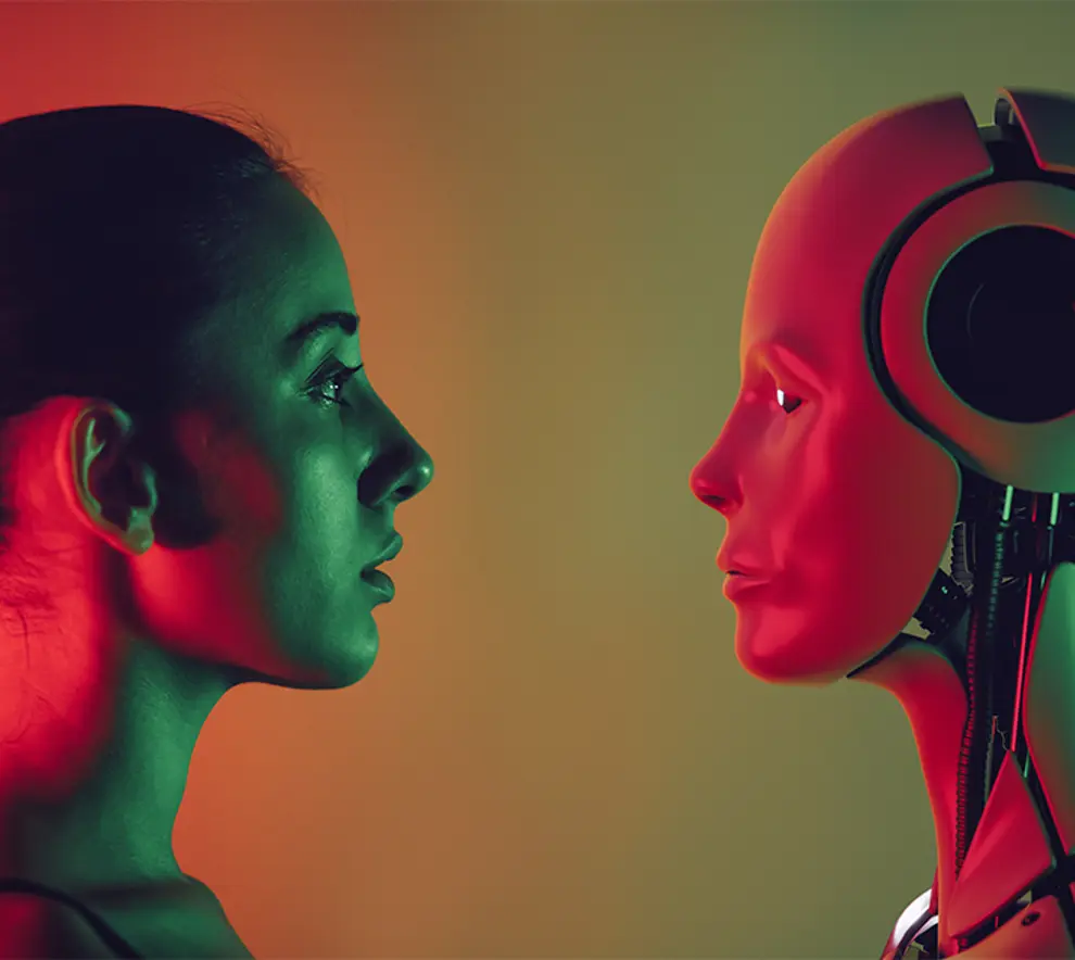 illustrasjon av menneske og robot som ser på hverandre