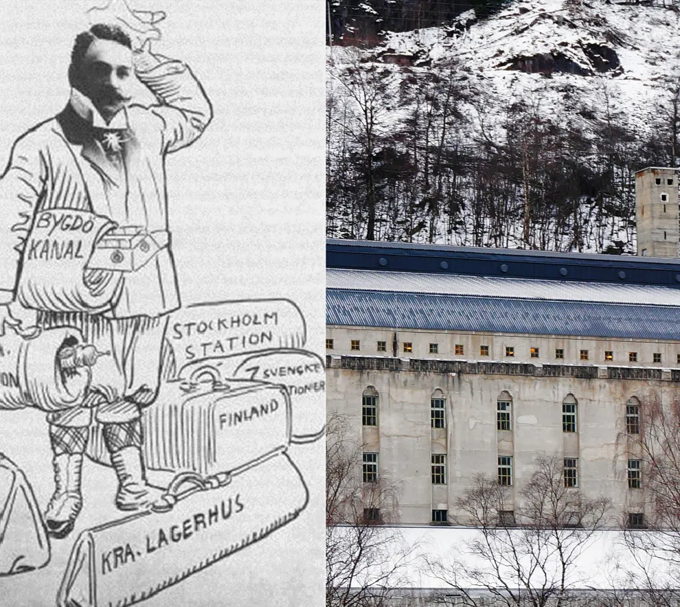 Gammel industriarkitektur på Rjukan med karikatur av Sam Eyde over