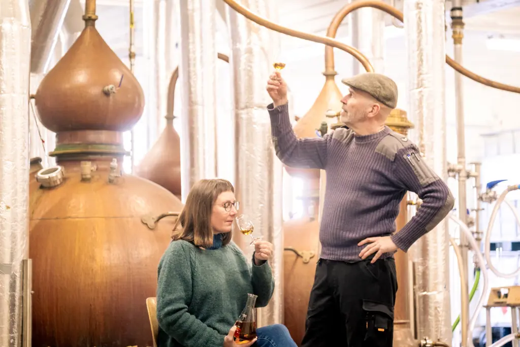 Mann og kvinne som smaker på whisky i destilleri