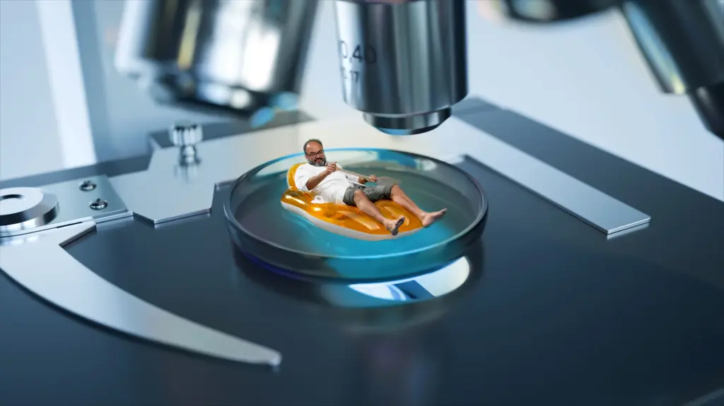 Manipulert bilde av Gary Chinga Carrasco som padler på en badeleke i en petriskål