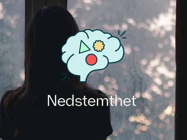 Kvinne titter ut av vinduet på en regnfull dag med Mestringspodden-logo og tittelen Nedstemthet