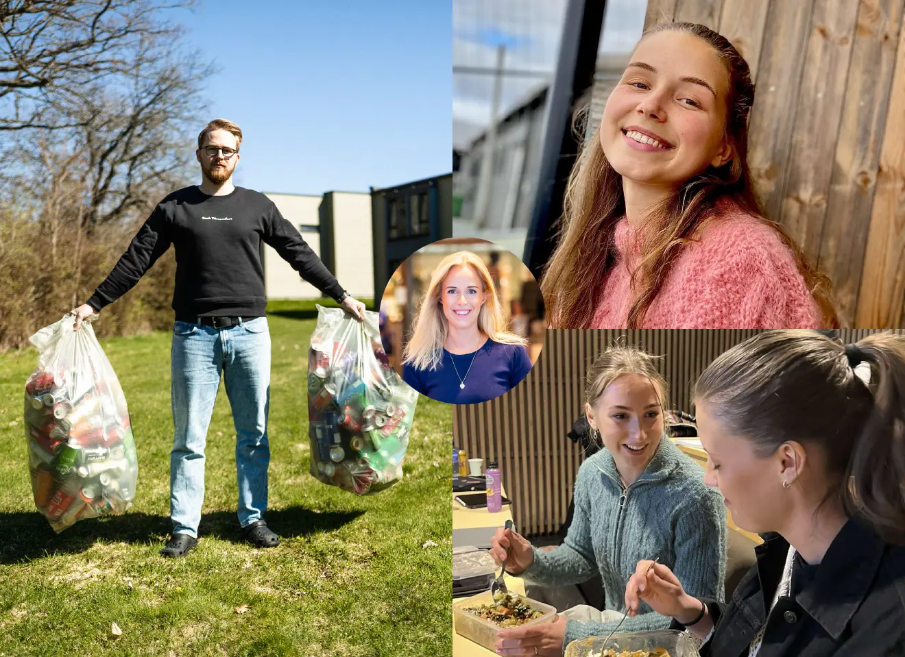 Bilde av unge studenter og Thea Olsen - forbrukerøkonom