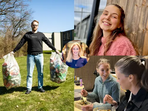 Bilde av unge studenter og Thea Olsen - forbrukerøkonom