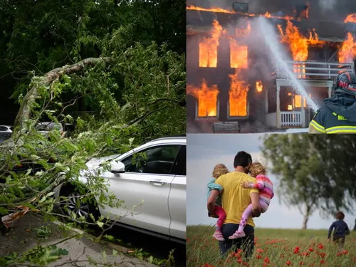 Bildecollage av en ung familie og flere forsikringssaker som brann og et tre som falt over og knuste en bil