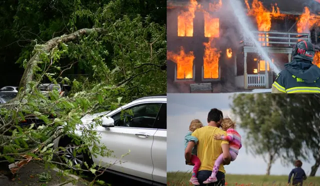 Bildecollage av en ung familie og flere forsikringssaker som brann og et tre som falt over og knuste en bil