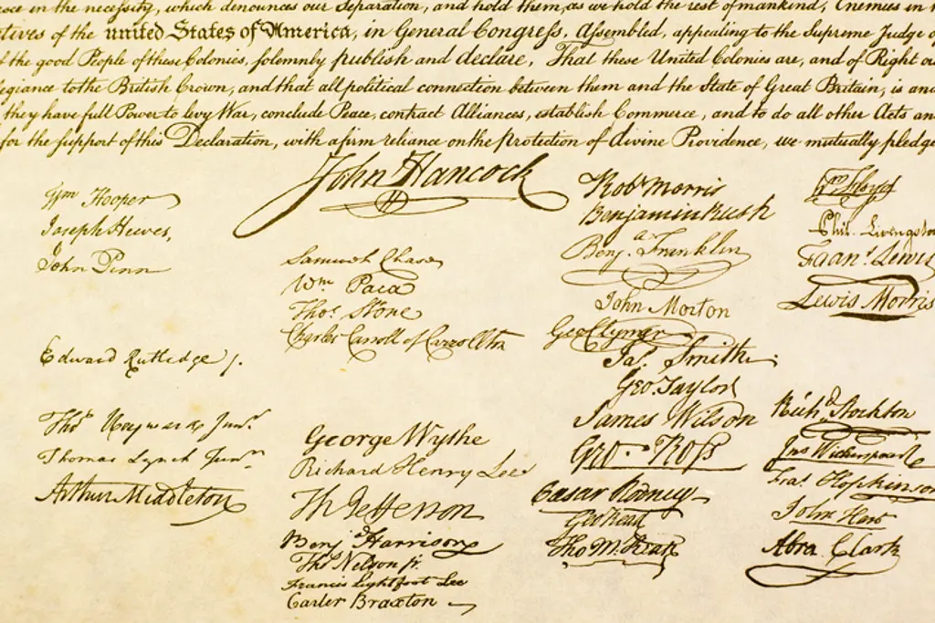 Ark med 13 signaturer under USAs uavhengighetserklæring