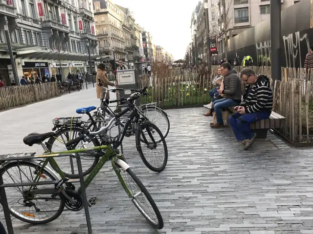 En gågate i Brussel med planter, sitteplasser, mennesker og sykkler