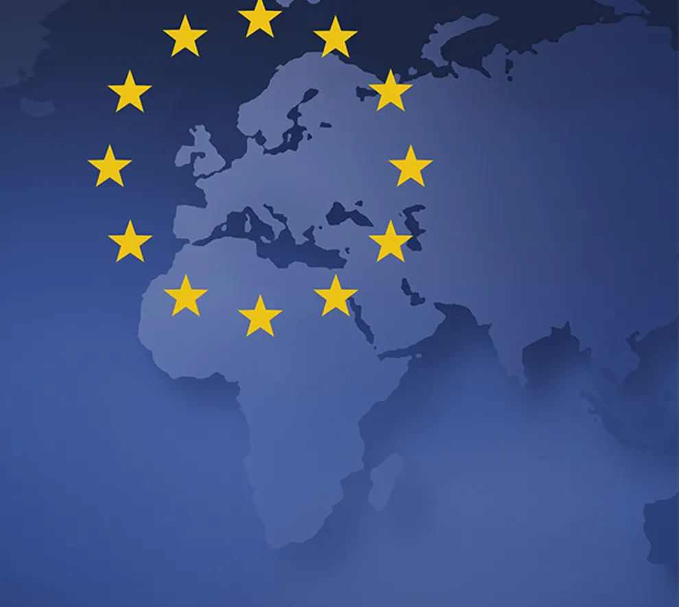 Kart Europa i blått med EU-stjerner i venstre hjørne