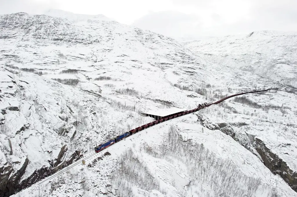 panoramabilde over et snølandskap, hvor et tog med jernmalm kjører