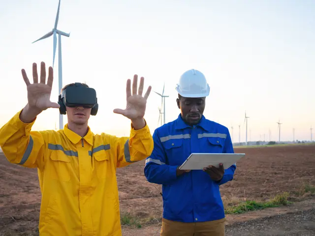 En mann med VR-briller i felt med vindmøller