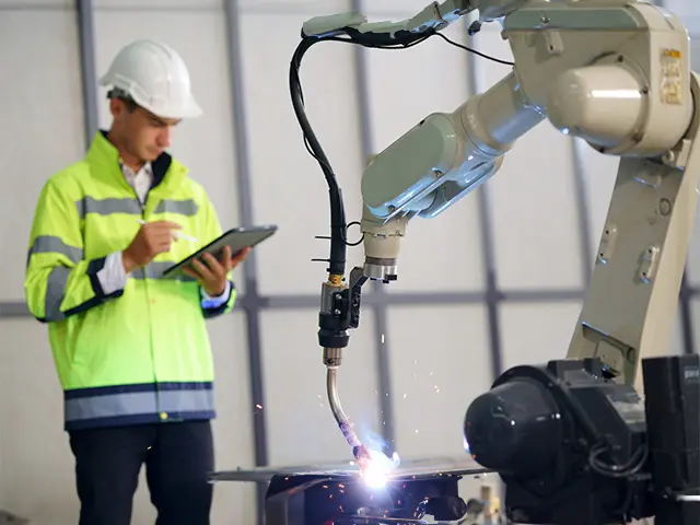 En arbeider følger opp robotsveising