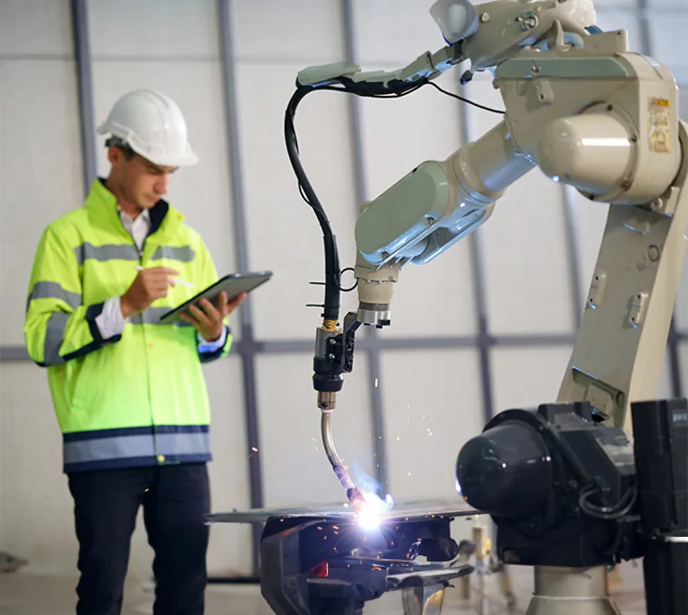 En arbeider følger opp robotsveising