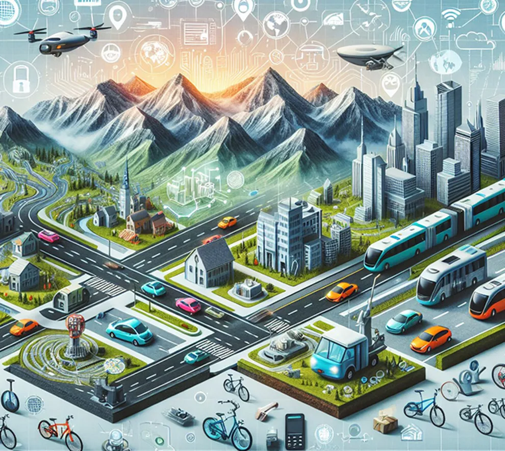 Illustrasjon av ulike transportmidler i en futuristisk by