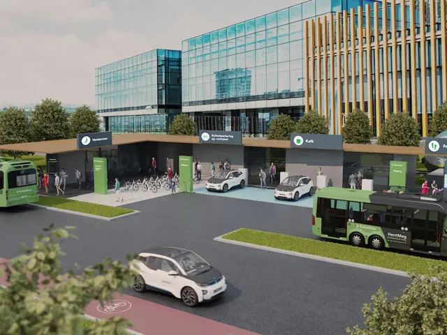 Illustrasjonsbilde CAD-tegning av en stasjon med togstasjon og bussholdeplass