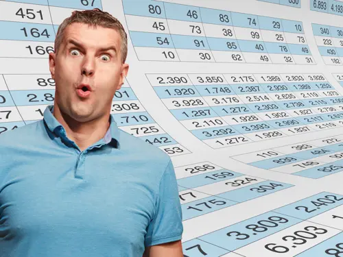 Illustrasjonsbilde av en mann som gjør grimaser foran et Excel-ark