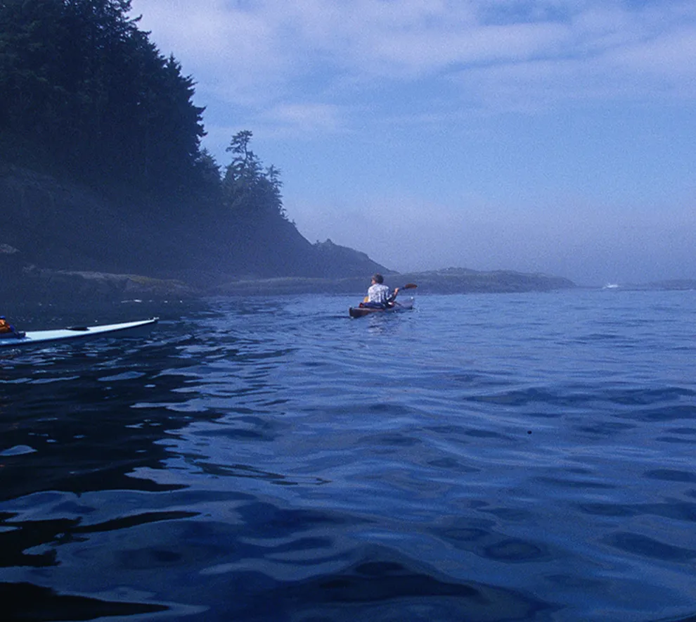 Kajakkpadlere på sjøen med dis på vannet en tidlig morgen.