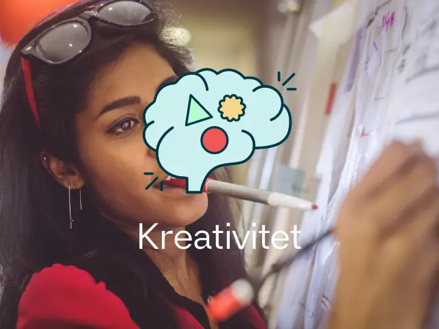 Kvinne jobber på whiteboard. Med mestringspodden-logo og teksten Kreativitet