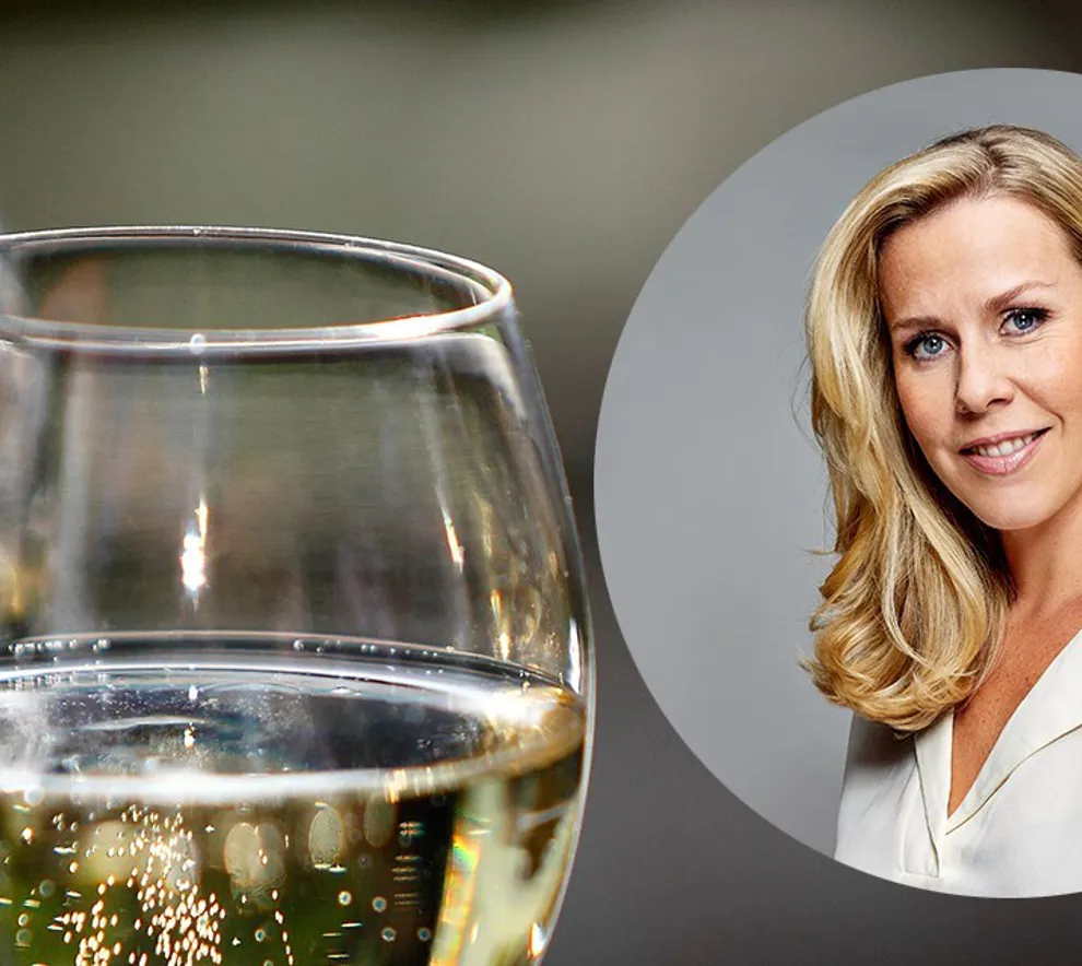 To glass med bobler og portrettbilde av Ingvild Tennfjord