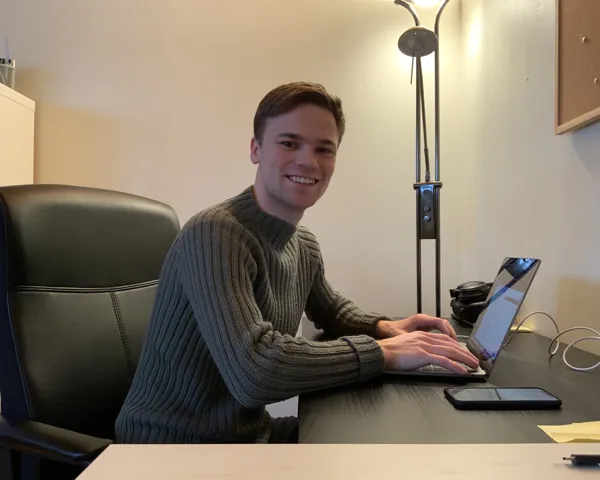 Erlend Hermansen med laptop på hjemmekontor smiler til kamera