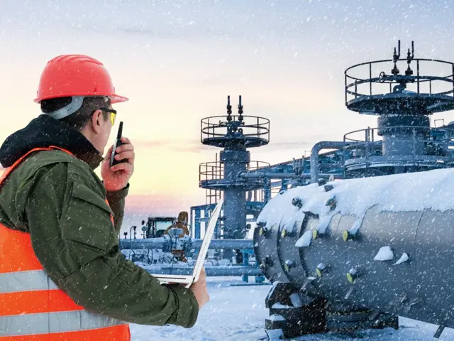 Illustrasjonsbilde av en mann i verneutstyr med to-veis radio og laptop i en snøstorm utendørs ved en tank i solnedgang
