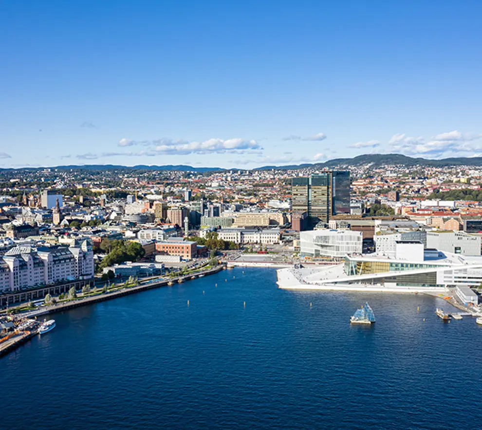 Oslo sentrum sett fra luften sommerstid