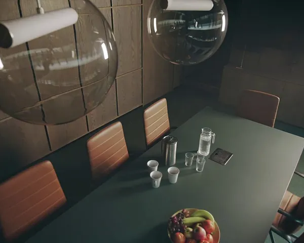Bilde av et tomt bord med stoler rundt i et møterom. Kaffekanne og vann og frukt står på bordet. 