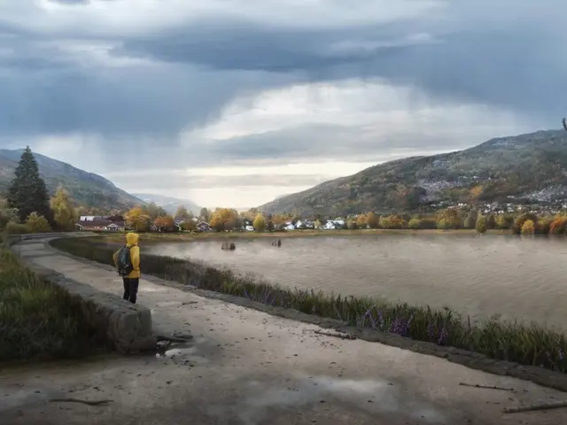 Skisse av voll med vann foran