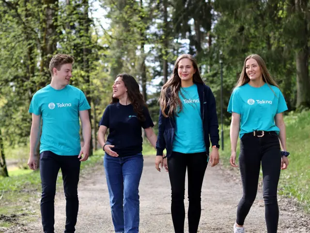 fire Tekna-studenter som går ved siden av hverandre på en sti med trær i bakgrunnen