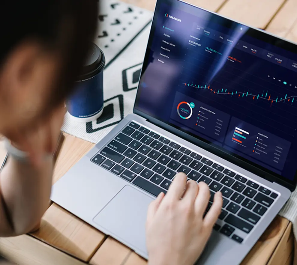 Kvinne som ser på finans på PC