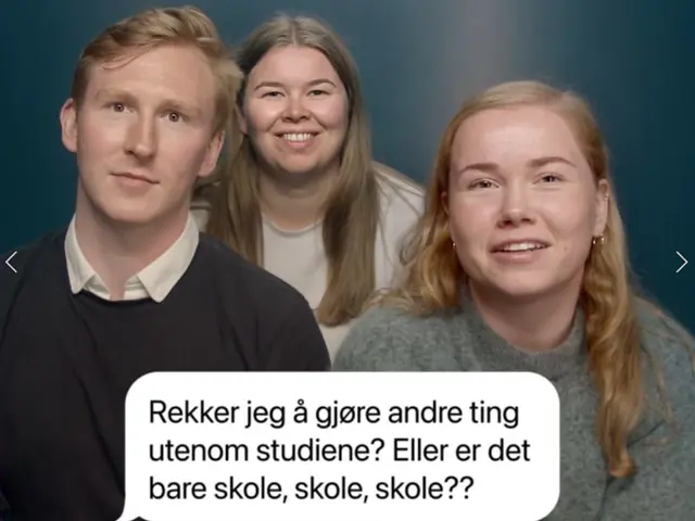 Tre unge studenter med teksten: Rekker jeg å gjøre ting utenom studiene? Eller er det bare skole, skole, skole?