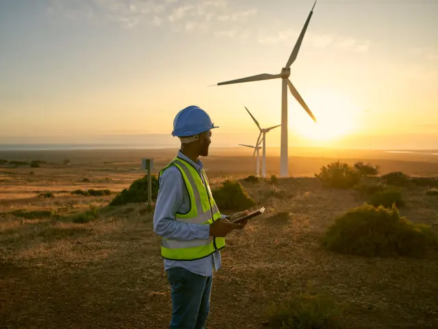 mann med refleks og nettbrett i hånda, ser mot vindmøller i solnedgang