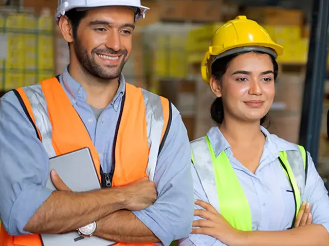 to kollegaer i byggbransjen står og ser på noe