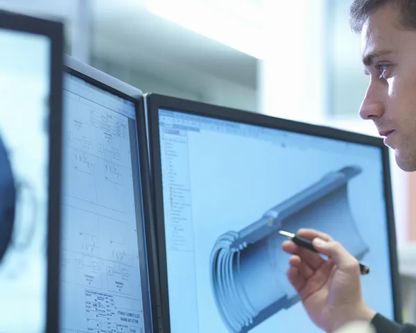 En ung mann foran flere dataskjermer med 3D CAD-tegninger