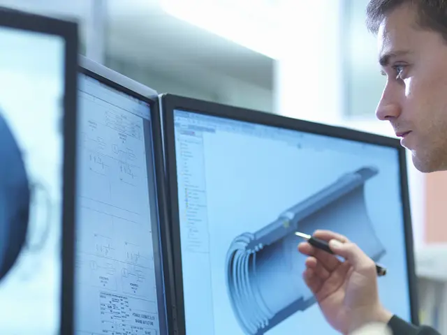 En ung mann foran flere dataskjermer med 3D CAD-tegninger