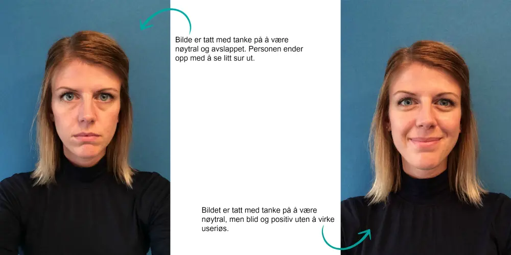 Bilde av en alvorlig person til venstre, som ender opp med å se litt sur ut,  mens  bildet av en person som smiler med lukket munn ender opp med å se nøytral,  men blid ut. 