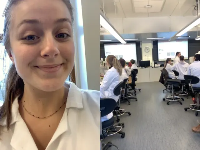 Helene Winggård Skøien og et bilde som viser et klasserom