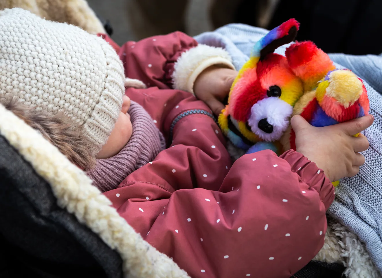 Et lite barn holder en bamse