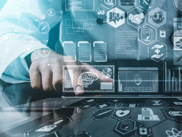 Illustrasjonsbilde av hender som skiver på et keyboard med futuristiske iconer som flyter i luften