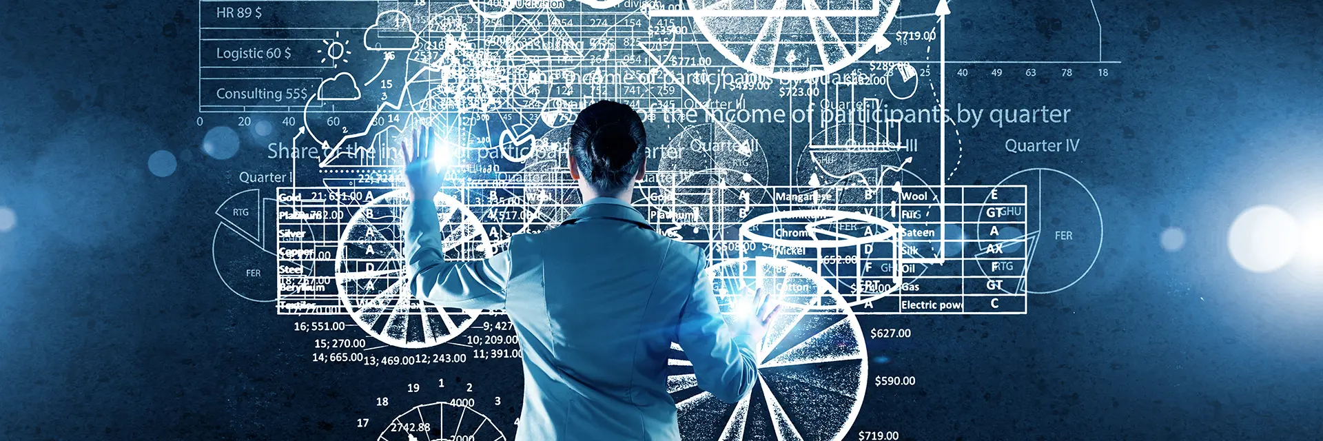 Illustrasjonsbilde av en kvinne med ryggen til kamera foran en tavle med grafer og formler skrevet i lys istedenfor kritt