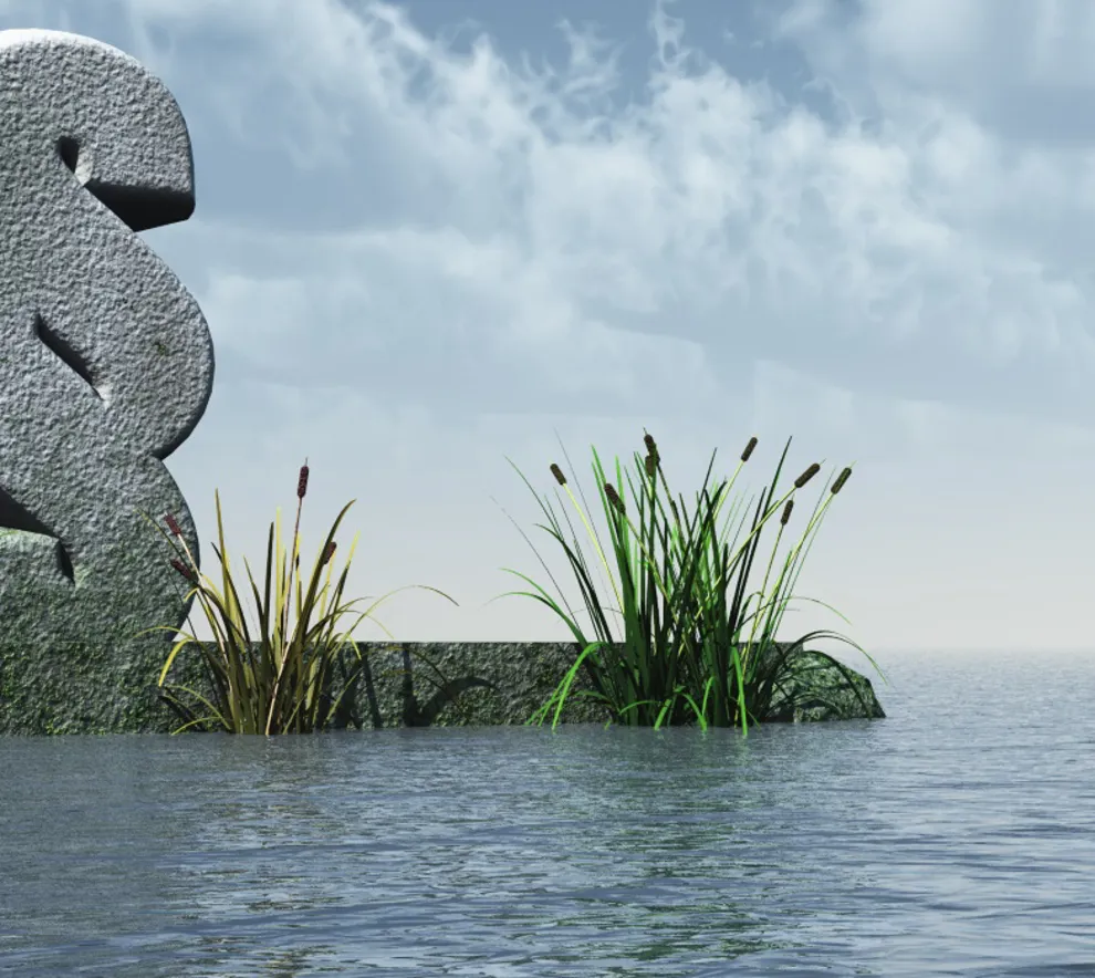 Illustrasjonsbilde med vann og symbolet § i 3D