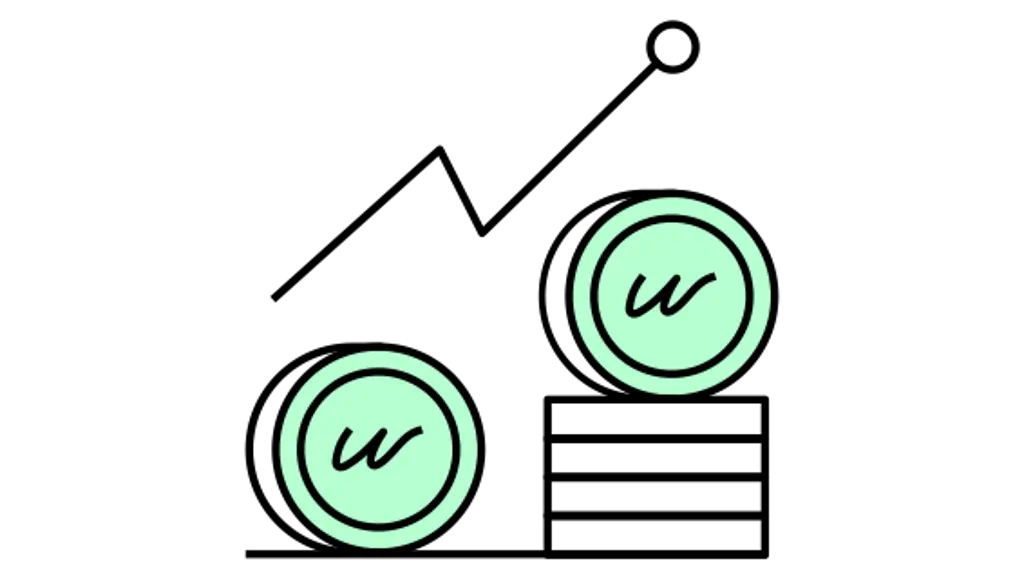 Illustrasjon lønn - strektegning av to mynter og en kurve som peker oppover