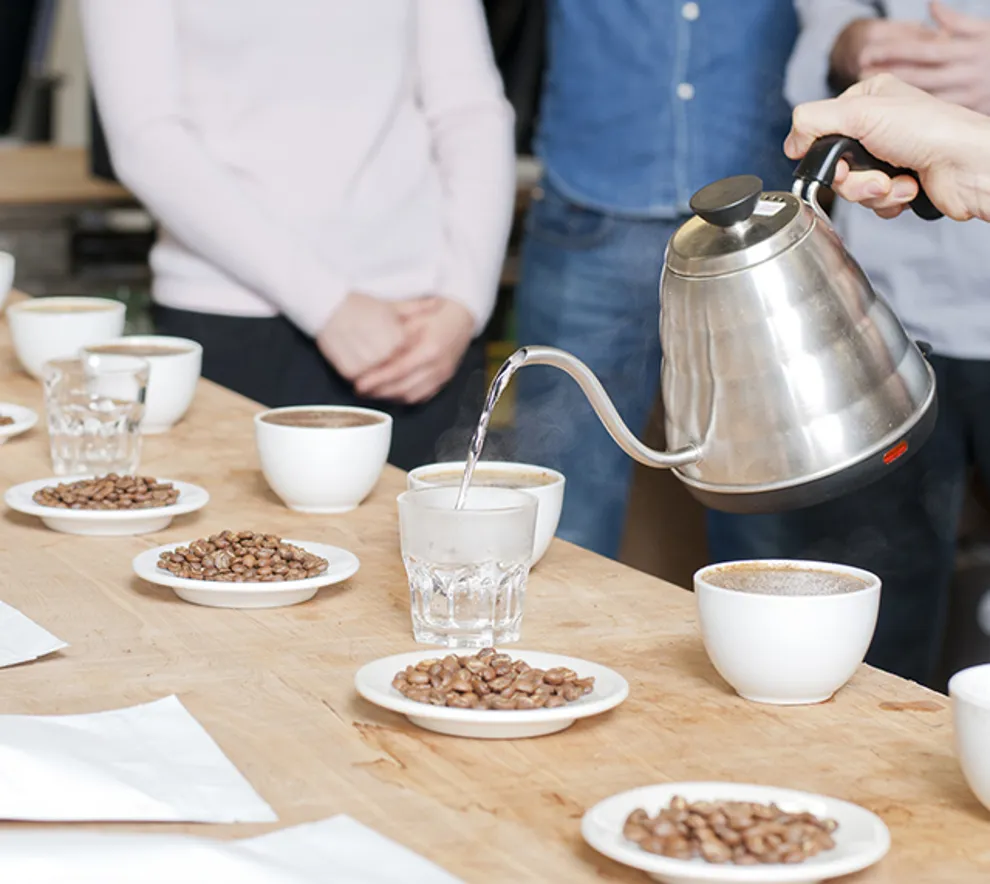 Person heller varmt vann fra en metallkjele over kaffekopper under en kaffesmaking. Kaffebønner er lagt frem på tallerkener. Fokus på kaffeprosess og smaking.