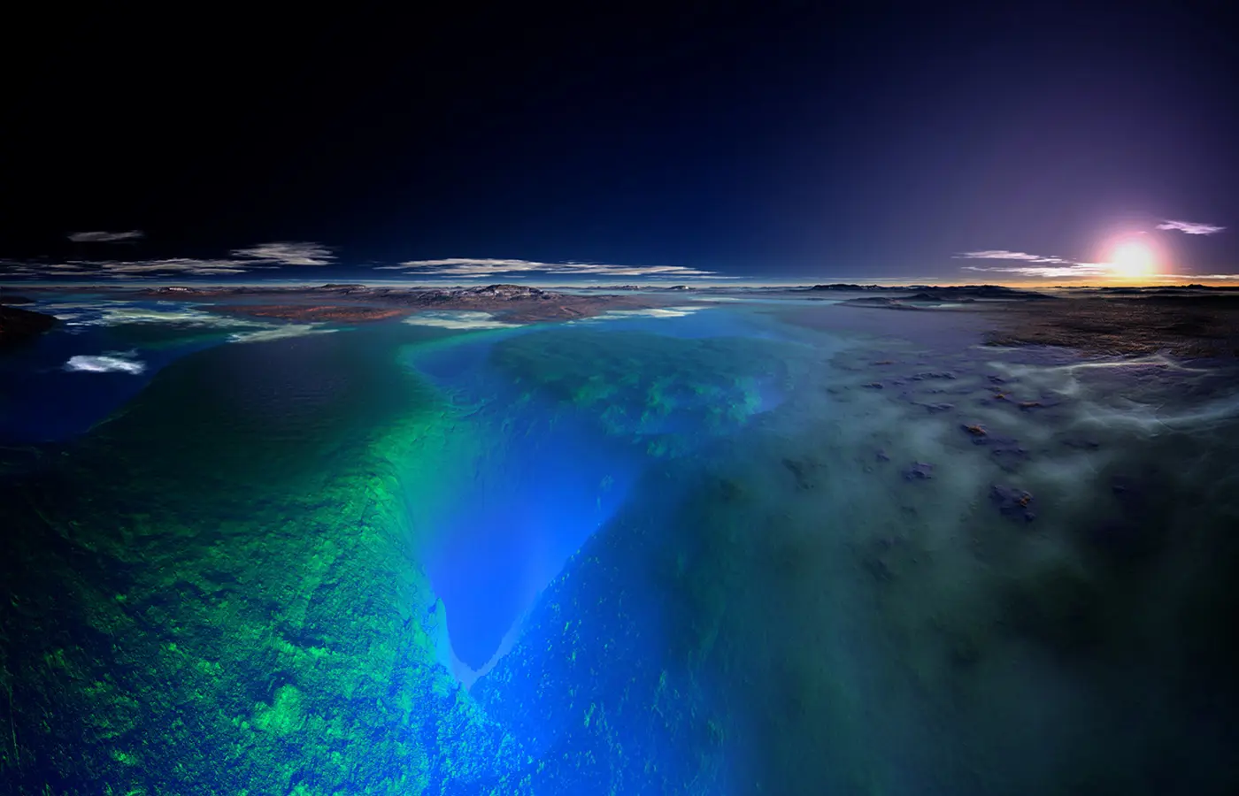 Fargerik 3D-illustrasjon av havbunn og dyphavsterreng ved solnedgang