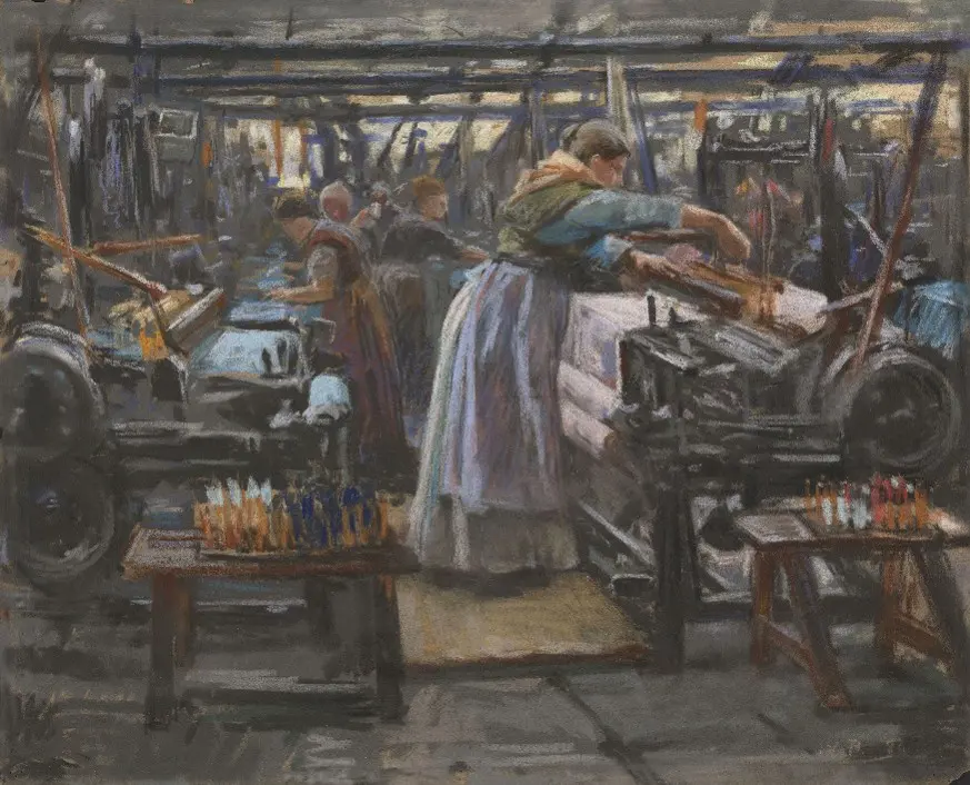 Historisk illustrasjon av arbeidere ved vevstoler på Hjula Væveri i Oslo.