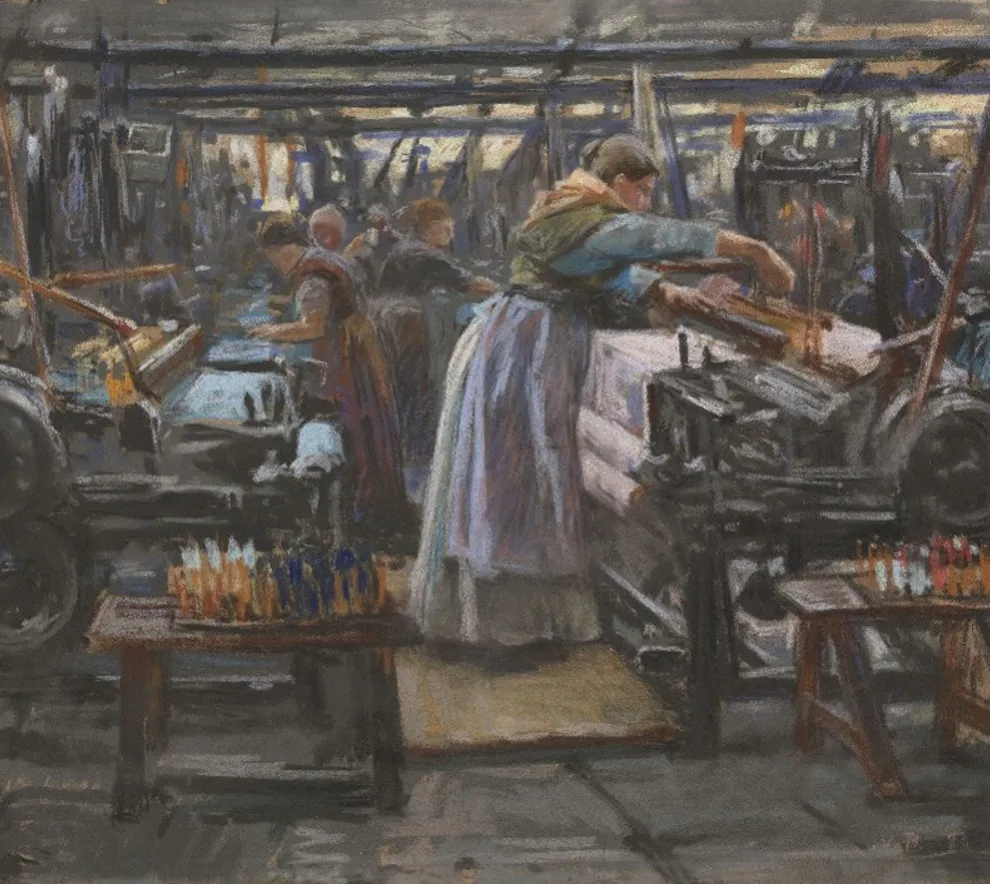 Historisk illustrasjon av arbeidere ved vevstoler på Hjula Væveri i Oslo.