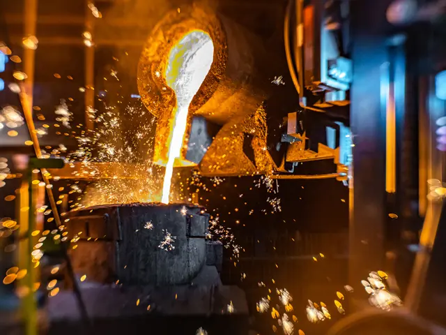 Flytende metall tappes fra smelteovn i metallurgisk industri.
