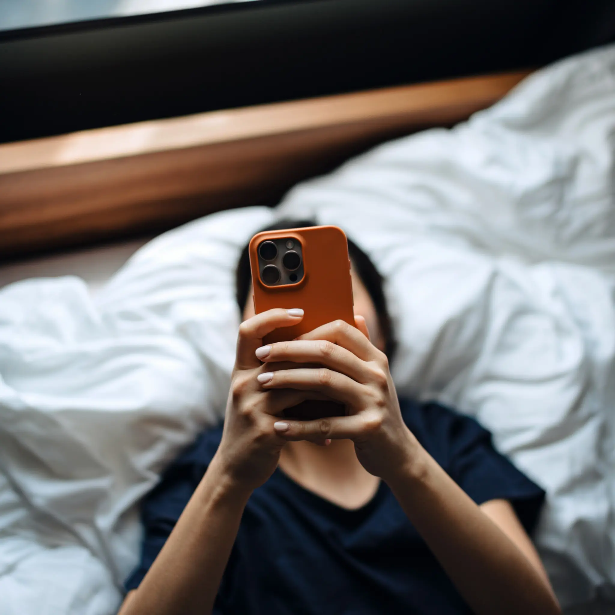 Person ligger i seng og bruker mobiltelefon, illustrerer mobilbruk og skjermtid