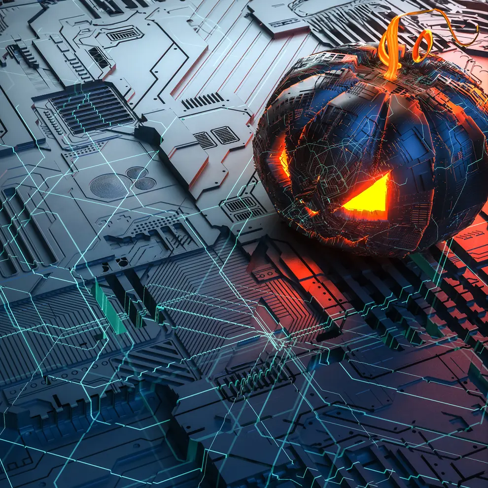 Digitalt Halloween-gresskar omgitt av futuristisk teknologi.